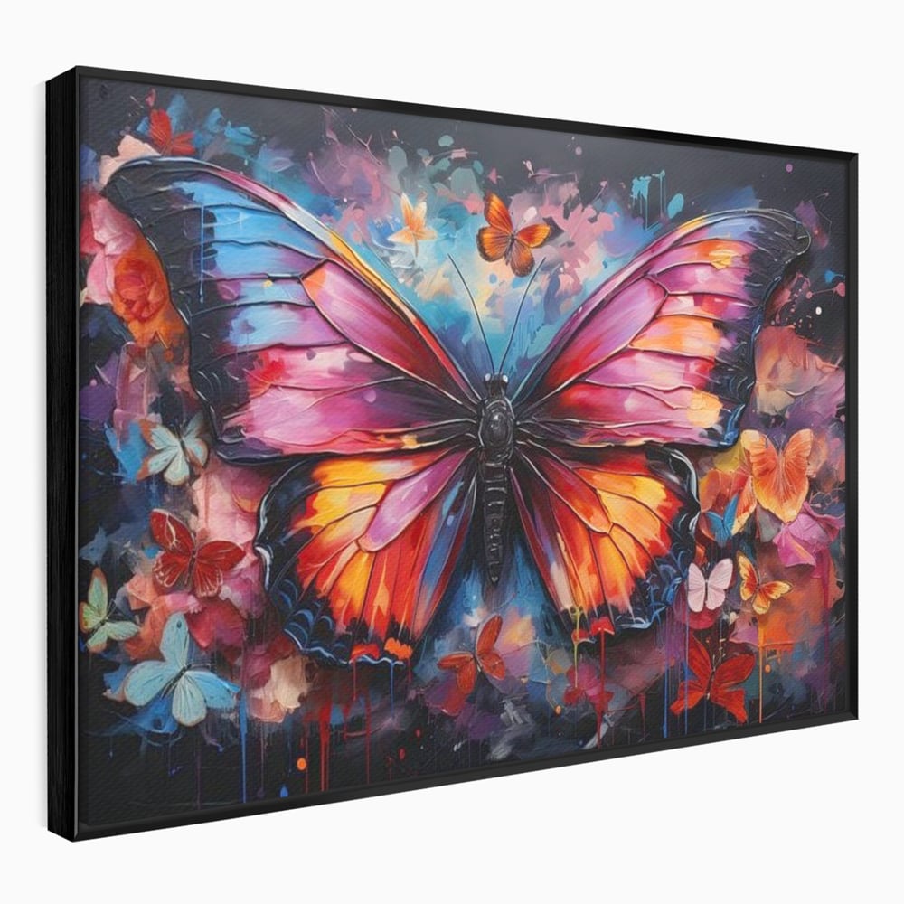 Tablou canvas cu tablou canvas cu fluture central multicolor, in rama de aluminiu negru
